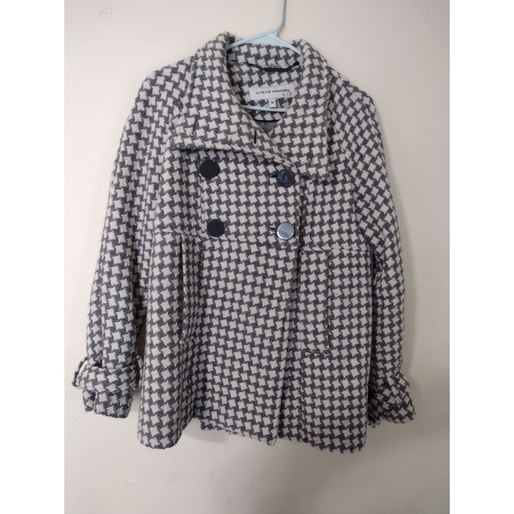 Steve Madden Grey White Houndstooth Wool Blend Pea Coat Babydoll Jacket Womens M